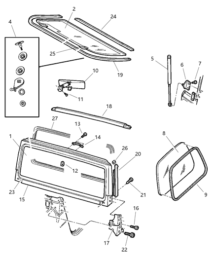 1998 Jeep Wrangler Glass, Windshield, Backlite, Quarter Windshield Frame, Hinges Diagram