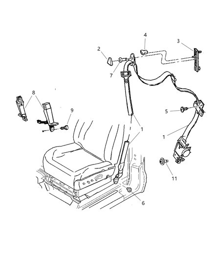 2001 Dodge Dakota Belts, Front Seat Diagram 1 - Thumbnail
