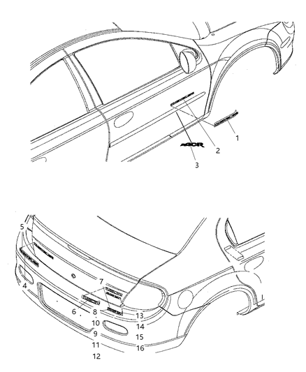2005 Dodge Neon Nameplate Deck Lid Diagram for 5303638AA