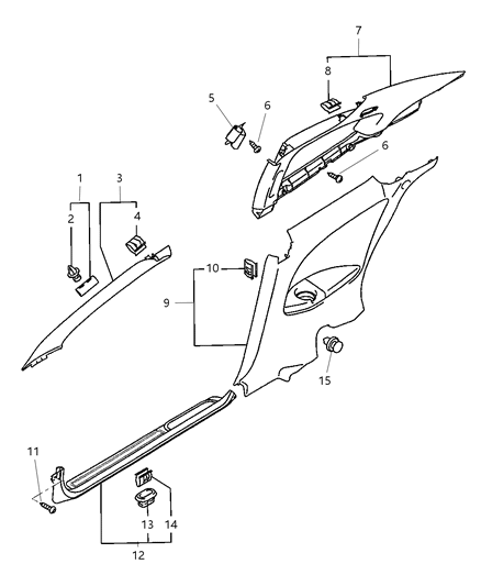 2002 Chrysler Sebring Coupe Moldings, Scuff Plate And Panel Diagram